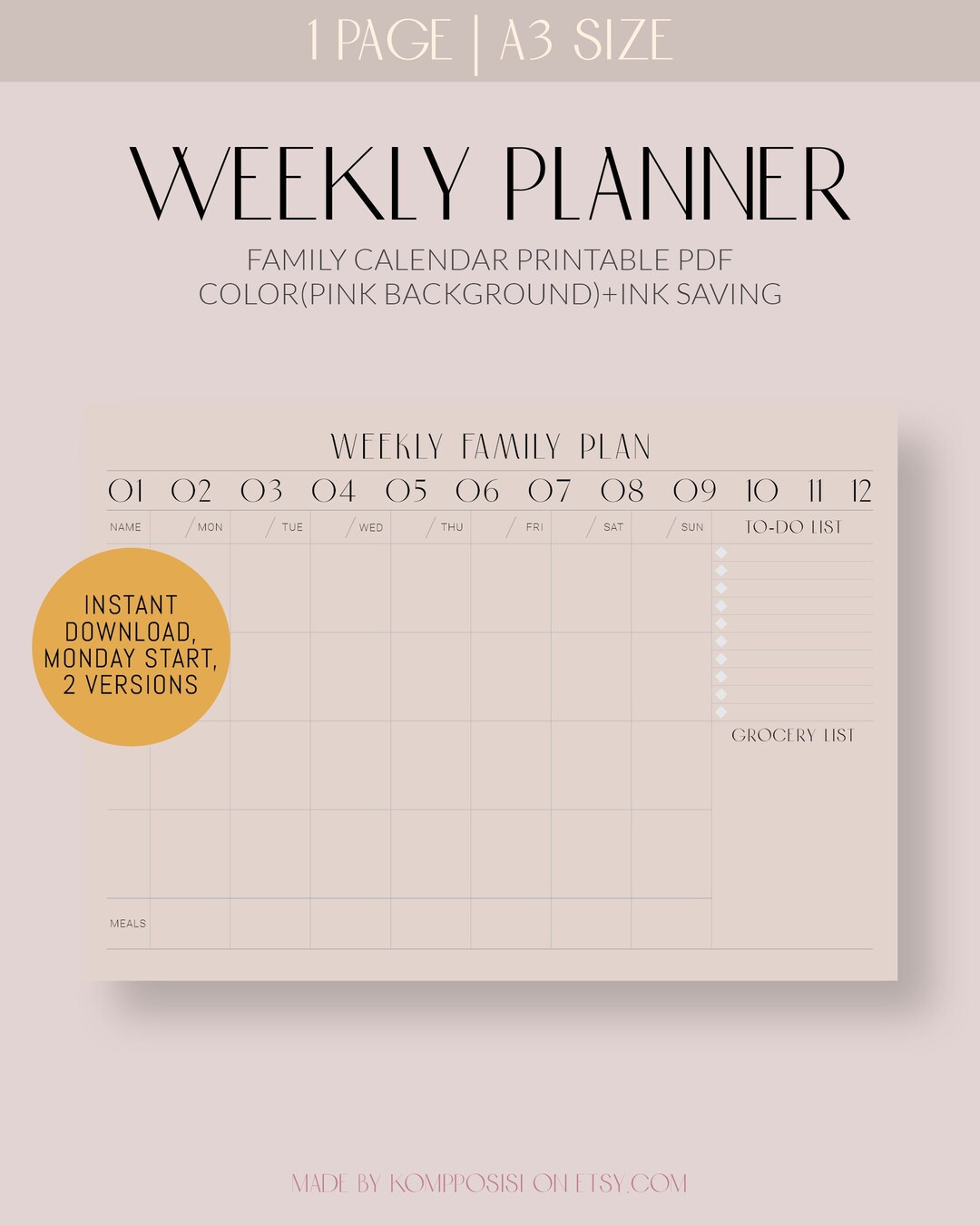 A3 Desk Weekly Family Planner Printable | Wall Calendar | Family Meal ...