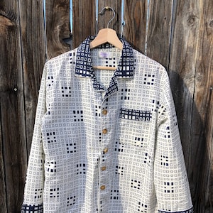 Unisex Retro Pajama Shirt, Geometric Pajama Top, Navy and Cream Pajama Shirt, Button Up, Blouse, Shirt, Size M-L