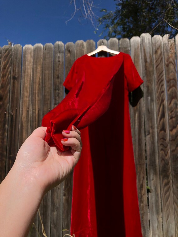 Red Velvet Short Sleeve Long Dress, 1950s Red Dre… - image 6