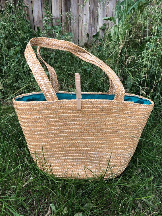 Vintage straw market bag with green lining - image 2
