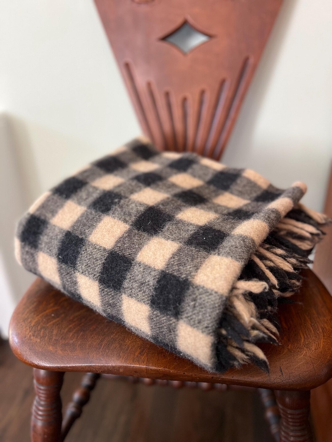 Vintage Wool Buffalo Check Throw Blanket Black Tan Plaid Fringe Rustic ...