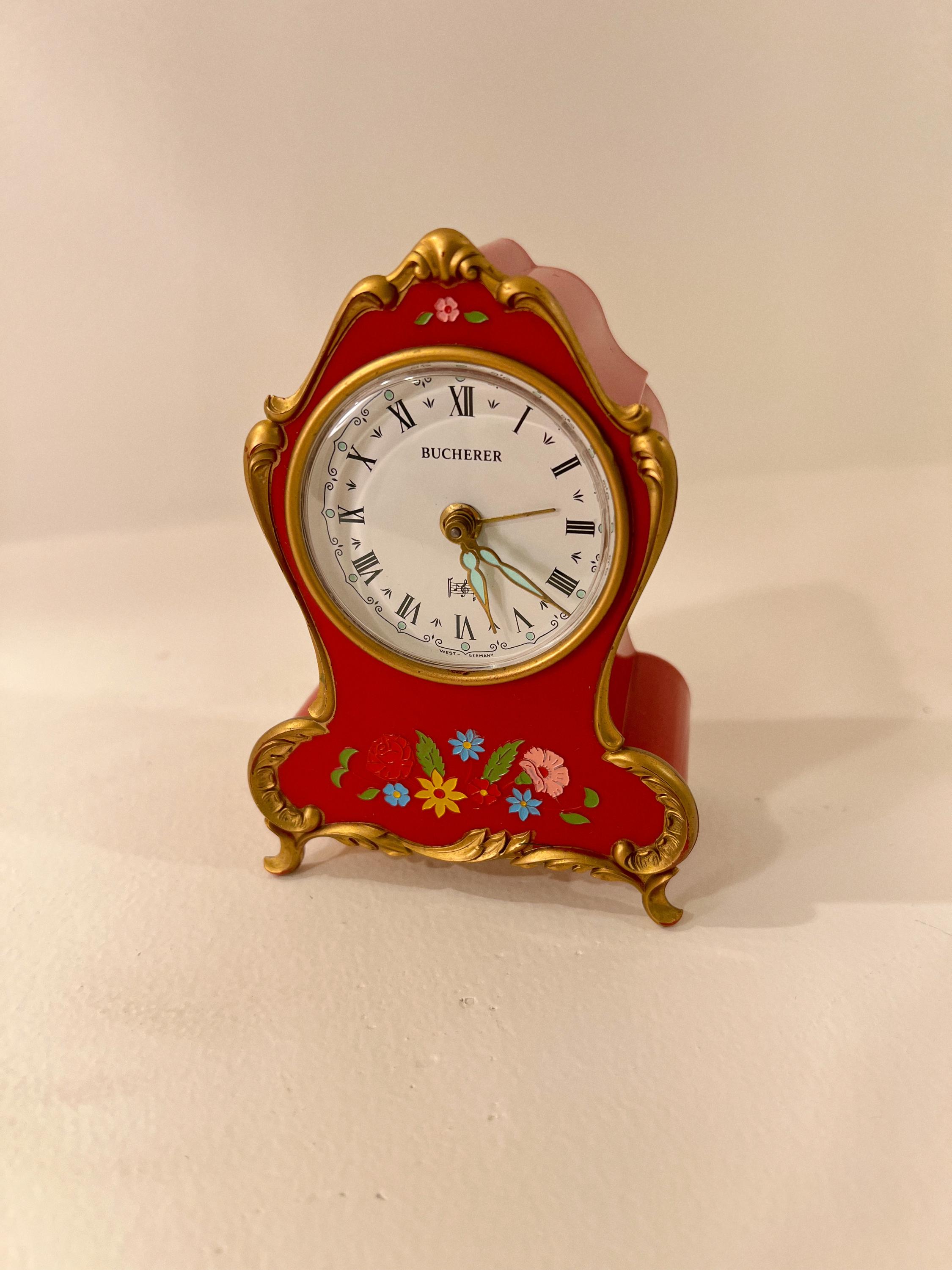 Vintage Bucherer Red Floral Display Clock - Lador Switzerland