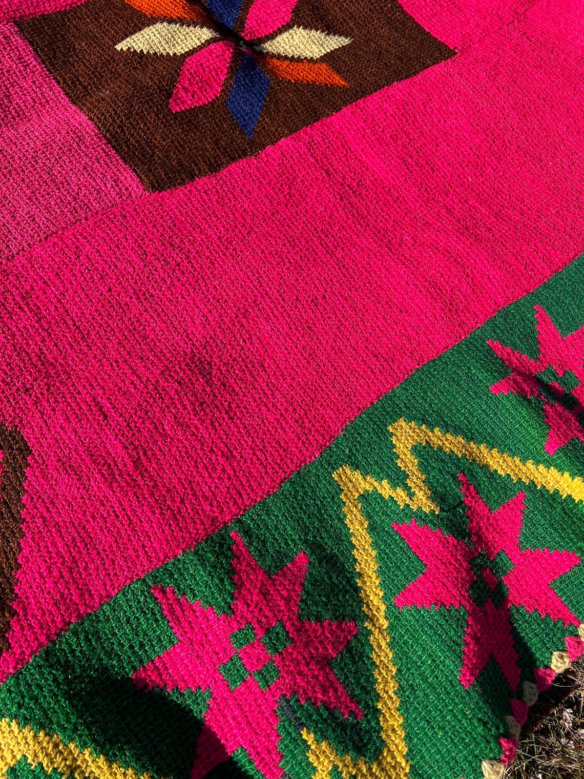 Pink And Green Shell Rug Handwoven Vintage Wool Rug, Pink and Green Geometric, 79