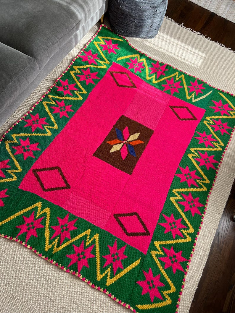 Pink And Green Shell Rug Handwoven Vintage Wool Rug, Pink and Green Geometric, 79