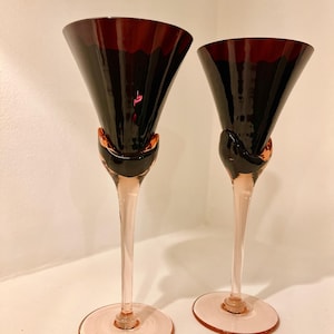 Vintage Mikasa Blossom Plum Wine Glasses: Burgundy Crystal, Pink Stem (Set of 2)