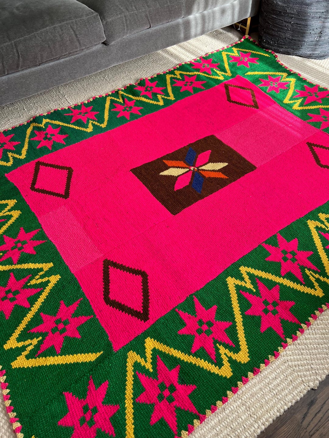 Pink And Green Shell Rug Handwoven Vintage Wool Rug, Pink and Green Geometric, 79