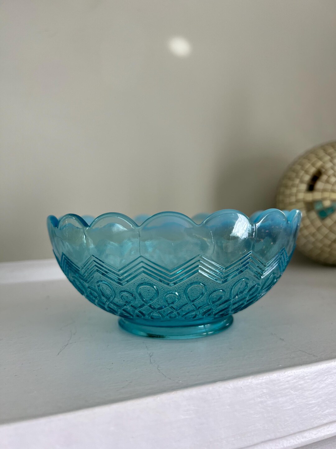 Antique Jefferson Glass Turquoise Bowl: Opalescent Chevron & Loop ...