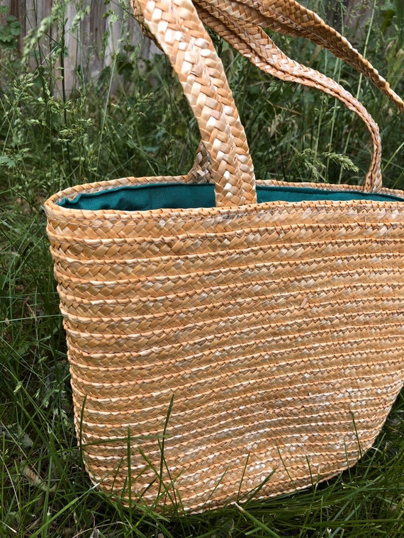 Vintage straw market bag with green lining - image 3