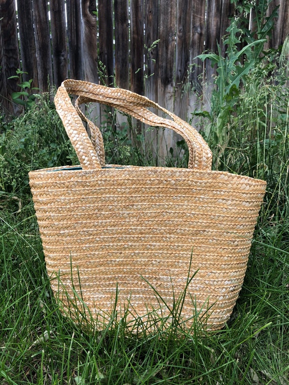 Vintage straw market bag with green lining - image 5