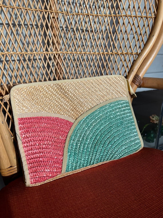 Pink and green straw bag, straw clutch, summer pur