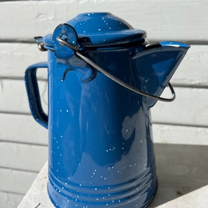 Vintage Blue Enamelware Coffee Kettle, Rustic Farmhouse Enamel Tea Pot, Decorative Kitchenware