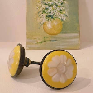 Set of 2 yellow and white flower design glass knobs, dresser pulls, vintage inspired glass knobs