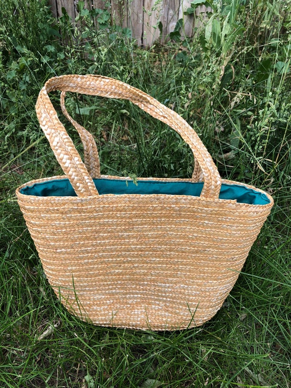 Vintage straw market bag with green lining - image 1