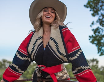 Water Wrap Wool Coat, made with a Pendleton® Wool Water blanket, Belted Coat