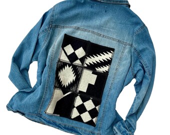 Womens M & L Classic Trucker Denim Jacket with Patchwork Pendleton® Wool - Black / White