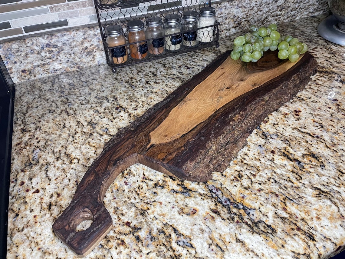 Live Edge Walnut Charcuterie Board with Bark/Wood Handle | Etsy