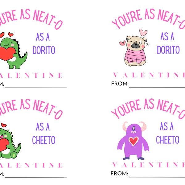 Valentine card printable, You're as neato as a dorito, You're as neato as a cheeto, Kids Valentine printable