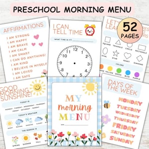 Vorschul-Morgenmenü zum Ausdrucken, Homeschool-Vorschul-Arbeitsblätter, Homeschool-Menü, Alphabet zum Ausdrucken, Homeschool-Ressourcen, Vorschul-Druckversion