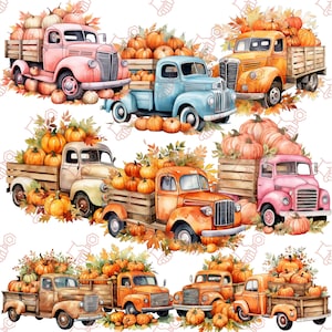 Watercolor Pumpkin Truck Clipart: Fall Harvest PNG Images (Digital Download)