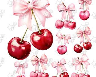 Cherry With Bow PNG, Watercolor Cherry With Bow Clipart, Cherry Bow PNG, Coquette Clipart, Cherry With Bow Clipart, Pink Bow Clipart