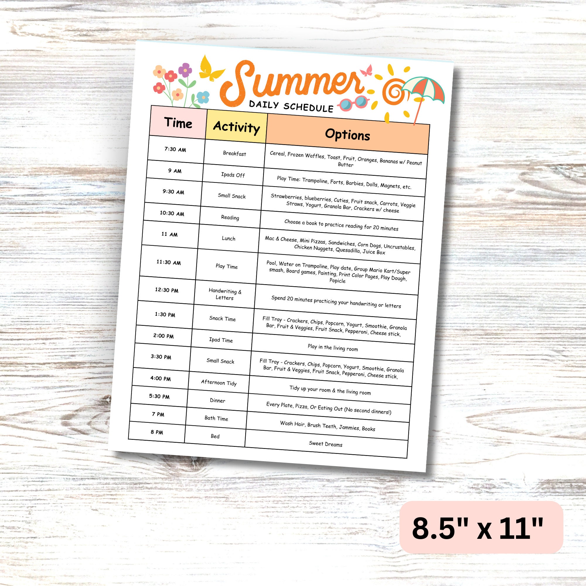 Summer Schedule Template, Summer Checklist, Kids Chore Chart, Summer
