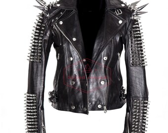 New Women Red Full Heavy Metal Black Spiked Tonal Studded Punk Leather Jacket Rock Biker Style jacket women
