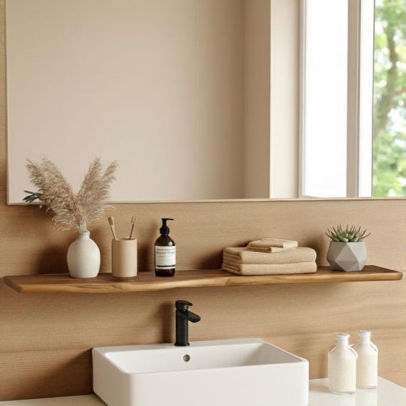 Floating Bath Shelf Solid Wood Modern Shelves Minimalistic Bath Decor Wooden Wall Shelf
