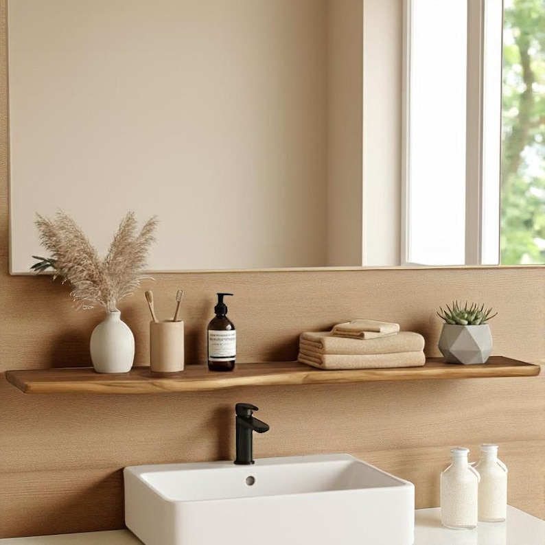 May include: A modern bathroom scene featuring a wooden shelf with a white vase holding dried plants, a toothbrush holder, a soap dispenser, folded towels, and a geometric succulent pot. A white sink and mirror complete the minimalist design.