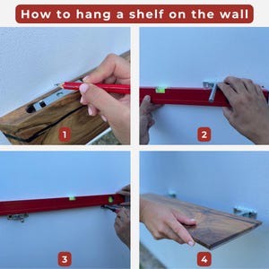 May include: A step-by-step guide on how to hang a shelf on a wall. The image shows the process using a pencil, level, and shelf. The text at the top says, "How to hang a shelf on the wall."