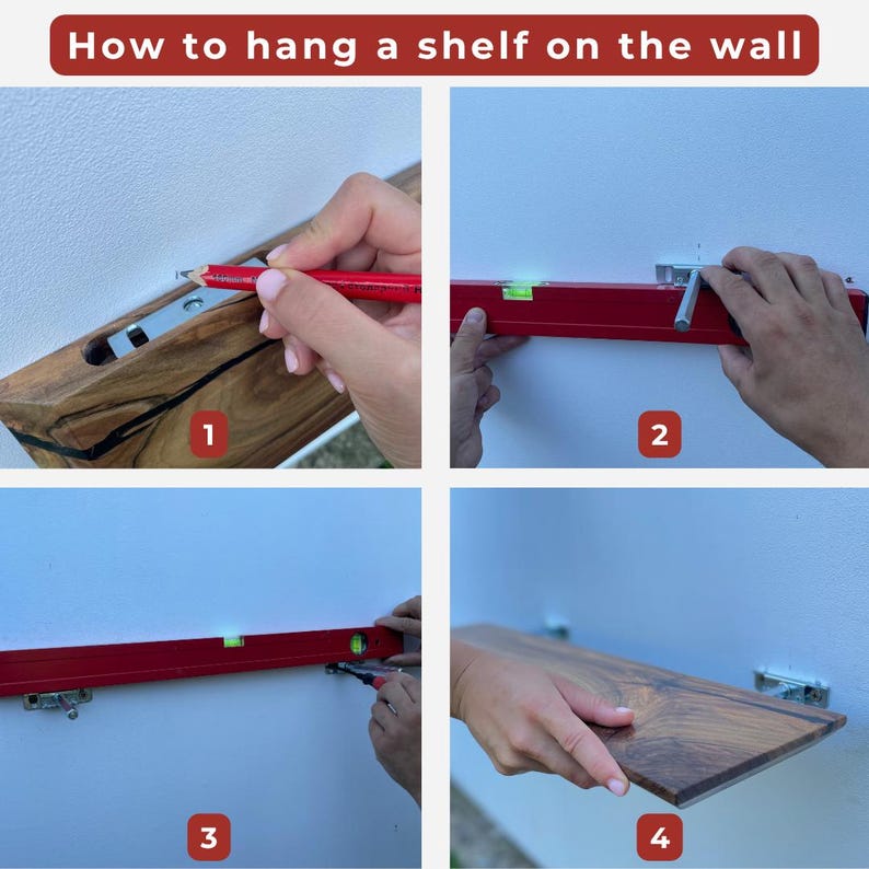 May include: A step-by-step guide on how to hang a shelf on a wall. The image shows the process using a pencil, level, and shelf. The text at the top says, "How to hang a shelf on the wall."
