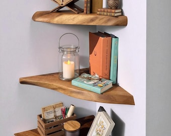 Corner Bookshelf Solid Wood Floating Wall Shelves Live Edge Walnut Corner Shelves Small Space Storage