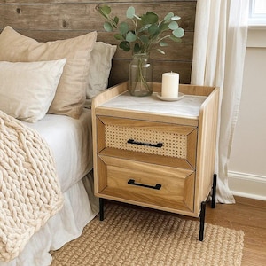 Night Stand with Drawer Marble Top Solid Wood Oak and Fir Bedside Table Gift for Cottage Owner Bedroom Decor With Drawer Wood Nightstands
