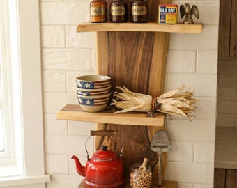 Modern Wall Mounted Shelf Floating Kitchen Shelf Live Edge Solid Walnut Wood