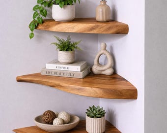 Wooden Walnut Corner Shelf Live Edge Floating Storage Organizer Shelves