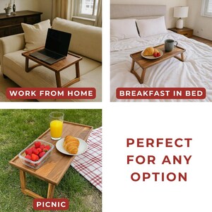 May include: A wooden lap desk with angled legs, shown in three settings: on a sofa with a laptop, on a bed with breakfast, and on grass with a picnic. The text reads "WORK FROM HOME", "BREAKFAST IN BED", "PICNIC", and "PERFECT FOR ANY OPTION".