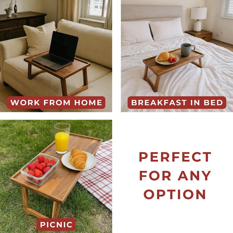 May include: A wooden lap desk with angled legs, shown in three settings: on a sofa with a laptop, on a bed with breakfast, and on grass with a picnic. The text reads "WORK FROM HOME", "BREAKFAST IN BED", "PICNIC", and "PERFECT FOR ANY OPTION".