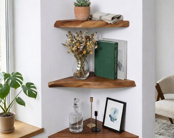 Corner Shelf Walnut Floating Wall Shelves Live Edge Small Space Storage