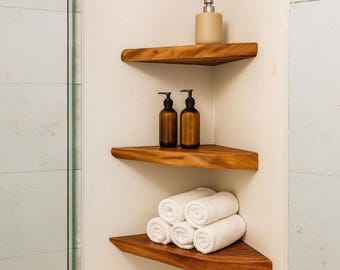 Corner Shelf Live Edge Floating Bathroom Organizer Minimalist Storage Gift for Home Wall Mounted Handmade Walnut Shelves for Bathroom