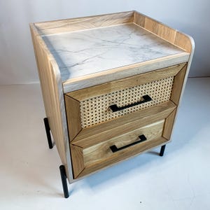 Night Stand with Drawer Marble Top Nightstand with Wicker Farmhouse Decor Japanese Nightstand Gift for Bedroom Wood Bedside Tables Set of 2