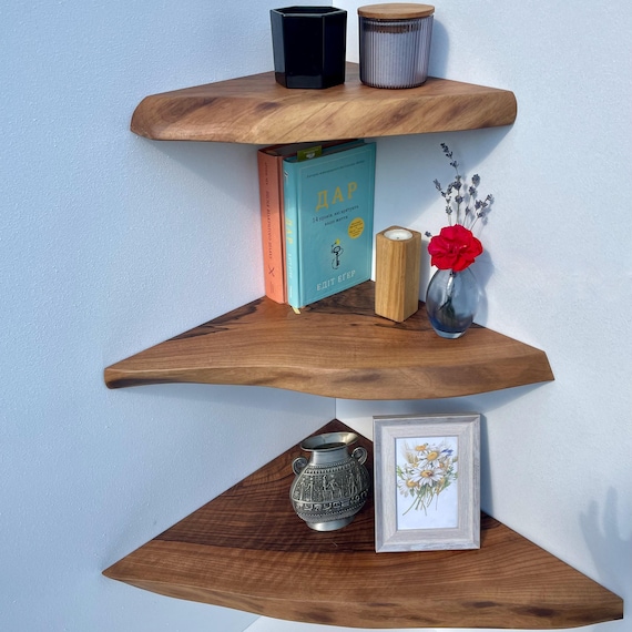 Corner Shelf Solid Wood Floating Rustic Wall Shelves Live Edge Floating Walnut Wood Corner Shelves Small Space Storage Wood Lover Gift