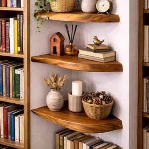Puede incluir: Estanterías de esquina de madera con varios objetos decorativos. Las estanterías exhiben una pequeña figura de casa, un difusor de vidrio, una estatua de pájaro dorado, libros, un jarrón con flores secas, una vela y una cesta de piñas. Se ven estanterías a ambos lados.