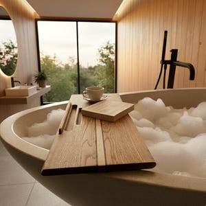 Puede incluir: Una bandeja de baño de madera con un libro y una taza de café descansa sobre una bañera de piedra llena de burbujas. La bandeja tiene ranuras para un libro y un teléfono. El baño tiene una gran ventana con vista a los árboles.