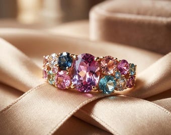 Multi Gemstone Cluster Ring, Rainbow Gemstone Band, Lab Amethyst & Topaz Cocktail Ring, Gold Gilded Sterling Silver, Made to Order