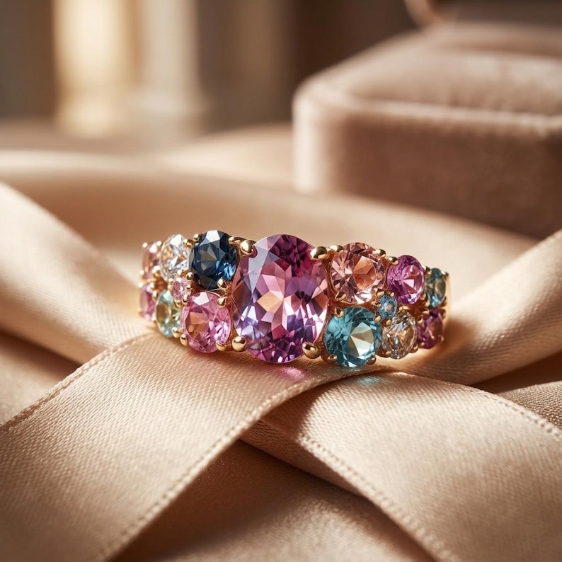 Anillo con racimo de piedras preciosas múltiples, anillo de piedras preciosas arcoíris, anillo cóctel de amatista y topacio sintéticos, plata de ley bañada en oro, hecho a medida. imagen 1