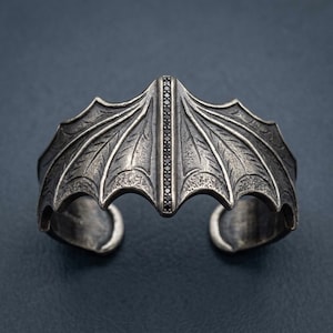 Bat Wing Cuff Bracelet Sterling Silver, Oxidized Gothic Statement Cuff, Black CZ Pave Spine, Vampire Goth Jewelry, Made to Order image 1