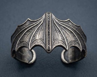 Bat Wing Cuff Bracelet Sterling Silver, Oxidized Gothic Statement Cuff, Black CZ Pave Spine, Vampire Goth Jewelry, Made to Order
