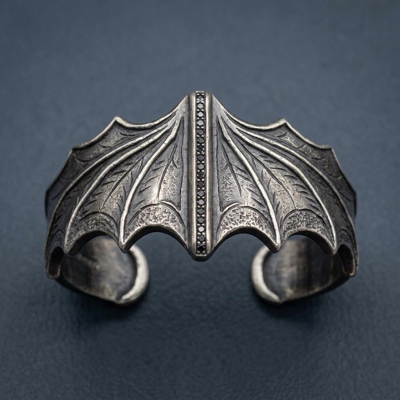 Bat Wing Cuff Bracelet Sterling Silver, Oxidized Gothic Statement Cuff, Black CZ Pave Spine, Vampire Goth Jewelry, Made to Order image 1