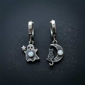 Ghost and Cat Moon Huggie Earrings in Sterling Silver with Lab-Created Opals, Oxidized, Made to Order