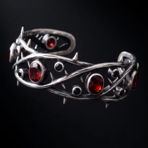 Thorn Cuff Bracelet in Sterling Silver — Oxidized Briar Branch Cuff with Lab-Created Red and Black Stones, Made to Order image 4