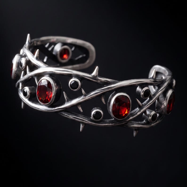 Thorn Cuff Bracelet in Sterling Silver — Oxidized Briar Branch Cuff with Lab-Created Red and Black Stones, Made to Order image 4